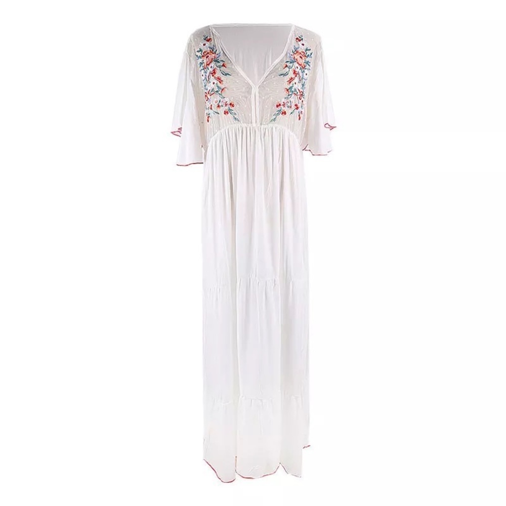 White Cleo Cotton Boho Maxi Dress W/Side Slits Hand Embroidered Stitch Coverup - Picture 9 of 9